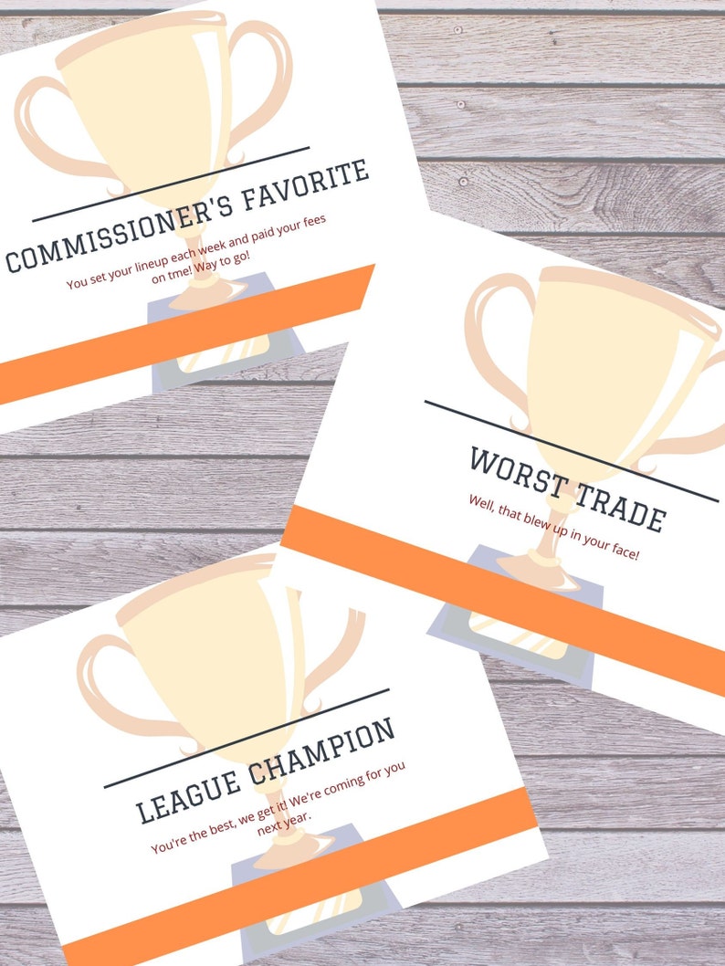 Printable Fantasy Football Awards Champion Certificate Loser Etsy