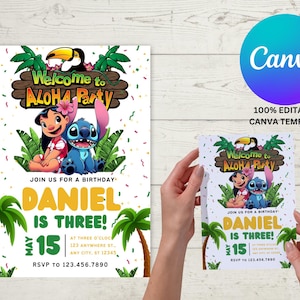 Stitch Aloha Birthday Invitation Stitch Lilo Party Invitation,  Kids Stitch Angel Birthday Invite, Aloha Stitch Birthday, Canva Template