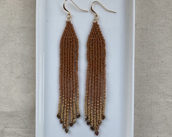 Orange Beaded Earrings - Gold Beaded Earrings - Sunset Earrings - Handwoven Earrings -