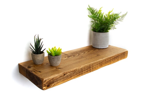 22cm x 5cm Chunky Wood Shelf With Hidden Wall Brackets Rustic Floating Shelves