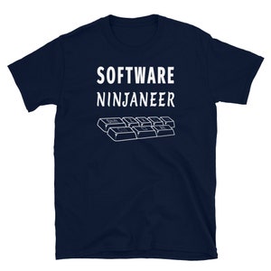 May include: Navy blue t-shirt with white text that reads "SOFTWARE NINJANEER" and a graphic of a keyboard.