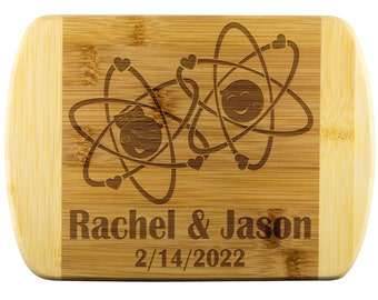 Personalized bamboo cutting board, science couple gift for wedding, anniversary or Valentines day: Atomic Love. Particle physics geeks.