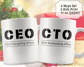 Couple Gift 2 Mugs Set: CEO (Chief Everything Officer) + CTO (Chief Troublemaking Officer). Funny anniversary gift or startup office present