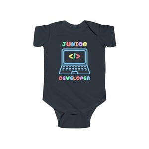 Funny Junior Developer infant bodysuit, baby shower gift for programmer parent. Geeky romper for computer tech and software engineers. Black