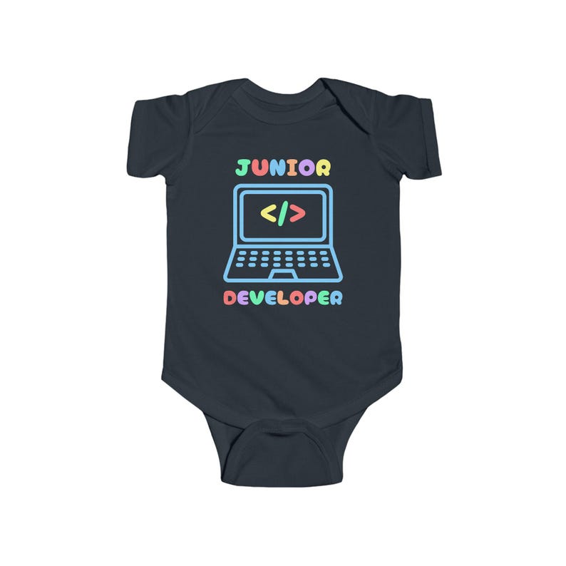 Funny Junior Developer infant bodysuit, baby shower gift for programmer parent. Geeky romper for computer tech and software engineers. Black