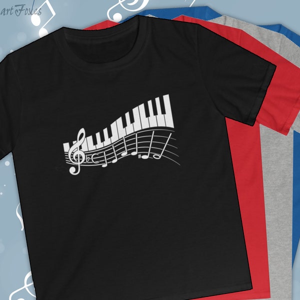 Piano t-shirt for youth musicians who love playing music. Perfect back to school outfit for kids - boys and girls.