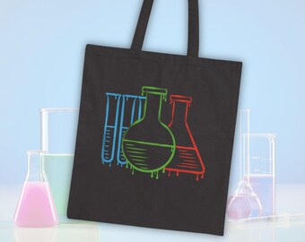 Chemistry tote bag for teachers and students, chem lab technicians, STEM tutors and science geeks. Colorful chemical beakers drawing.