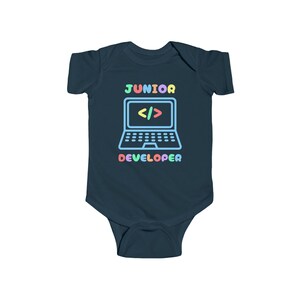 Funny Junior Developer infant bodysuit, baby shower gift for programmer parent. Geeky romper for computer tech and software engineers. Navy