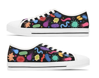 Microbiology Women Shoes: colorful low top sneakers featuring bacteria and microbes for bio teachers/geeky school students. Nerdy STEM Gift.