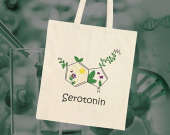 Serotonin Tote Bag. Gift for biology teachers/students & science geeks. Biochemistry accessory for school or bio lab tech. Floral chemistry.