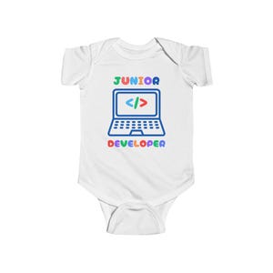 Funny Junior Developer infant bodysuit, baby shower gift for programmer parent. Geeky romper for computer tech and software engineers. White