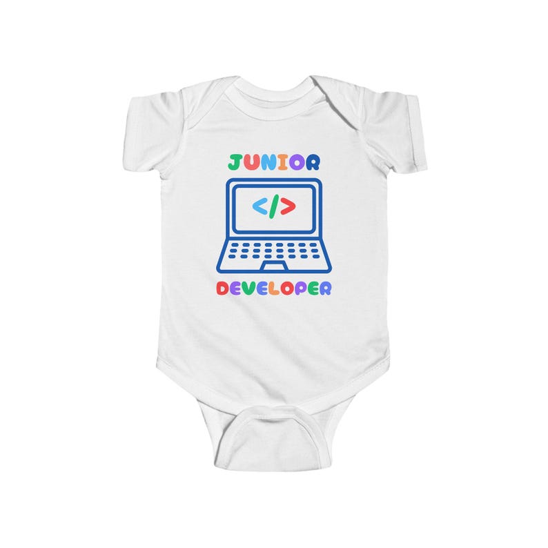 Funny Junior Developer infant bodysuit, baby shower gift for programmer parent. Geeky romper for computer tech and software engineers. White