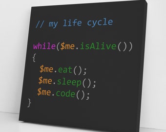 Canvas print for programmer: Eat Sleep Code repeat loop. Funny coding wall decor for geeky software engineer office.