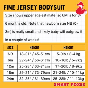 May include: A chart showing the size, height, and weight of a baby bodysuit. The chart is labeled "Fine Jersey Bodysuit" and includes sizes from NB to 24 months. The chart is on a yellow background with a fox logo in the top right corner.