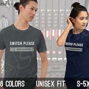 Pode incluir: Duas pessoas vestindo camisetas com o texto "SWITCH PLEASE" e um gráfico de um switch de rede. As camisetas estão disponíveis em seis cores e nos tamanhos do P ao 5XL.