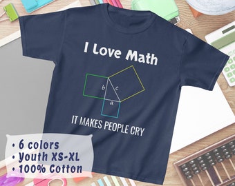 Math Kids T-Shirt: I love Math - it makes people cry. Funny tee for nerdy smart kids who love science and mathematics. STEM gift -youth size