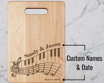 Personalized maple cutting board for musicians/music couple. Wedding, Anniversary, Birthday or Valentine's Day gift. Piano teacher present.