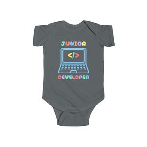 Funny Junior Developer infant bodysuit, baby shower gift for programmer parent. Geeky romper for computer tech and software engineers. Charcoal