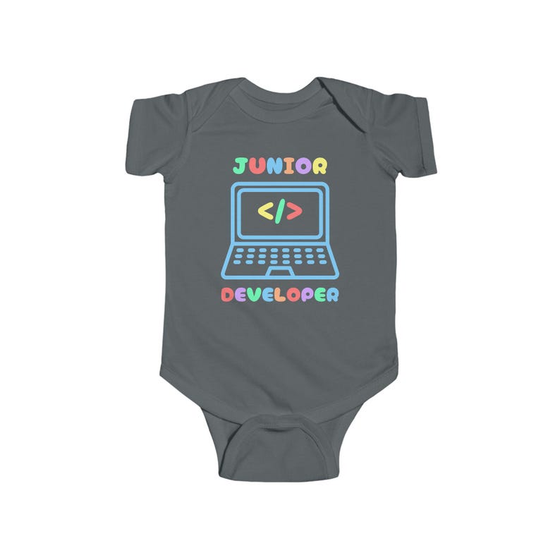 Funny Junior Developer infant bodysuit, baby shower gift for programmer parent. Geeky romper for computer tech and software engineers. Charcoal