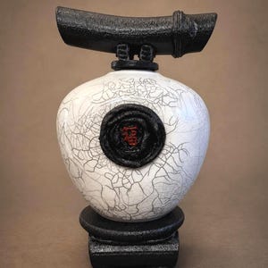 May include: A white ceramic vase with a black base and a black top handle. The vase has a cracked pattern and a black seal with red Chinese characters. The vase is approximately 10 inches tall.