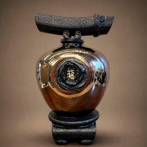 May include: A decorative, metallic vase with a black base and top handle. The vase has a gold-colored, reflective surface with a black circular design in the center, featuring a gold symbol. The vase is approximately 10 inches tall.