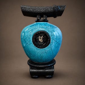 May include: A decorative ceramic vase with a turquoise crackle glaze. The vase features a black base and a black top element. A gold-colored character is centered on the vase. The overall design is a blend of modern and traditional elements.