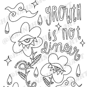 May include: Black and white line art illustration featuring stylized flowers with eye-like centers, rain drops, clouds, and stars. The text "growth is not linear" is also included in the design. The artwork has a whimsical, illustrative style.