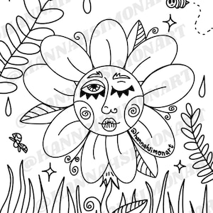 May include: Black and white line art illustration of a flower with a face, surrounded by grass, leaves, stars, raindrops, and a bee. The flower has closed eyes and a smiling mouth. The artist's name, @hannahsimonart, is written on the flower.