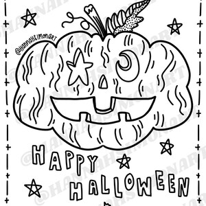 May include: Black and white Halloween-themed illustration featuring a pumpkin with star and crescent moon cutouts. The words "HAPPY HALLOWEEN" are written below the pumpkin. The image is decorated with stars, bats, candy corn, ghosts, and other festive elements.