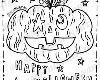 Folha para colorir de abóbora de Halloween, página para colorir em PDF para download, página para colorir de Hannah Simon Art, página para colorir de Halloween