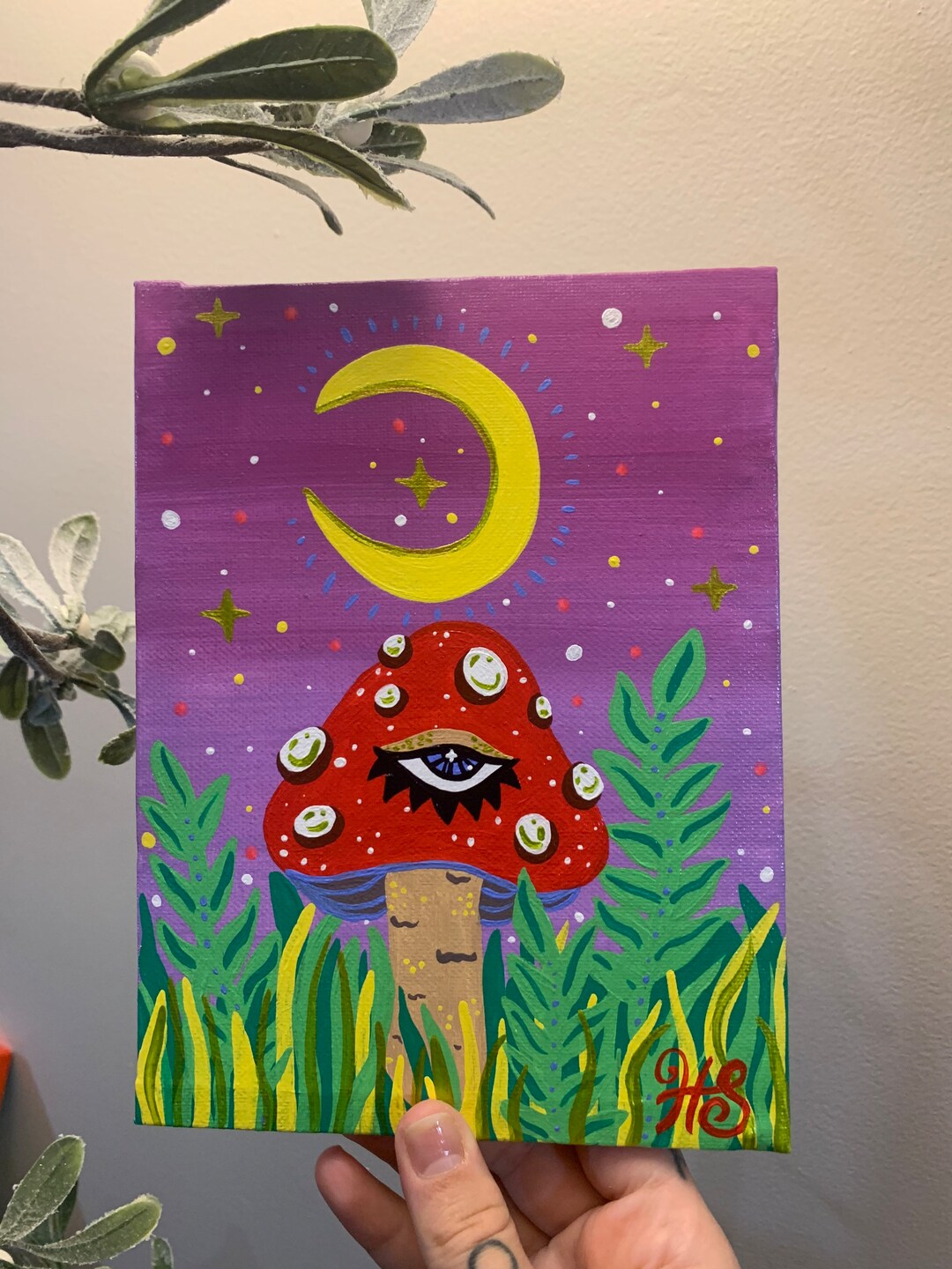 Mushroom Wall Art Moon Painting Original Acrylic Painting Mushroom Art