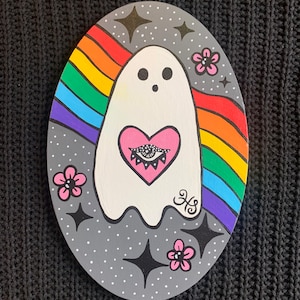 Ghost painting | Spooky Cute ghost with rainbow on oval canvas | original ghost painting