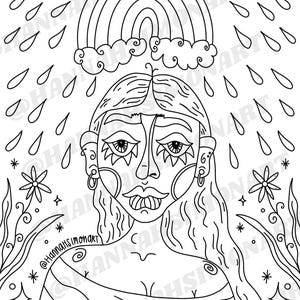 May include: Black and white line art illustration of a person with a rainbow and rain above their head. The person has long wavy hair, earrings, and a striped shirt. The text "@hannahsimonart" is visible.