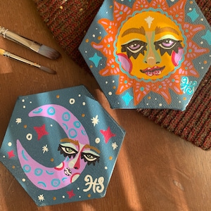 Sun and Moon acrylic painting set | sun and moon pair wall art | original sun and moon art | celestial art