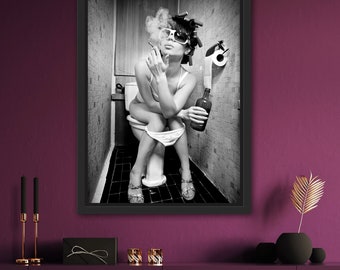 Woman Drinking on the Toilet Bathroom Poster – Instant Download – | Wall Art | Black and White Poster