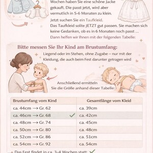 May include: An informational chart titled Die passende Gr&ouml;&szlig;e f&uuml;r das Taufkleid ermitteln, featuring illustrations of a christening dress and a baby being measured. It includes a sizing table with chest measurements in cm and dress lengths in cm.