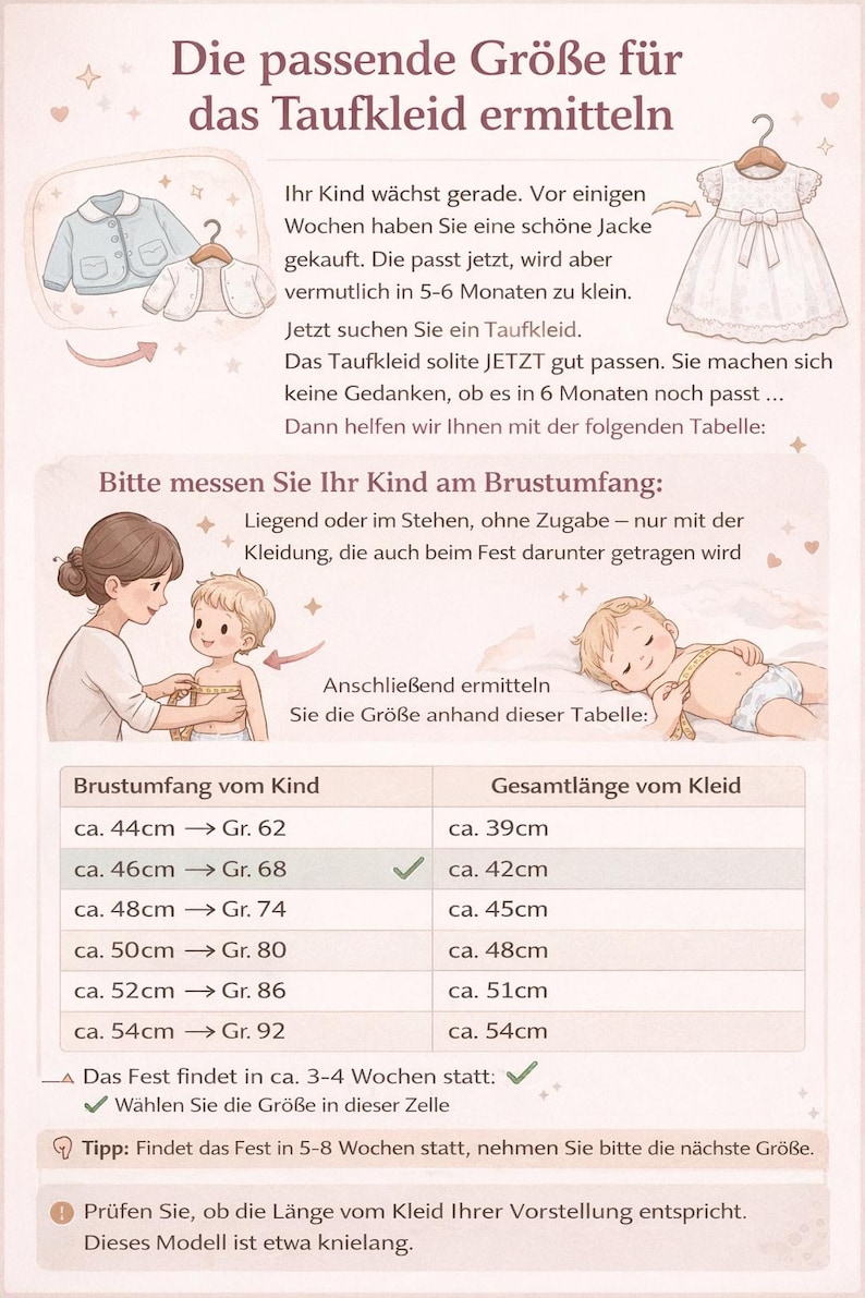 May include: An informational chart titled Die passende Gr&ouml;&szlig;e f&uuml;r das Taufkleid ermitteln, featuring illustrations of a christening dress and a baby being measured. It includes a sizing table with chest measurements in cm and dress lengths in cm.