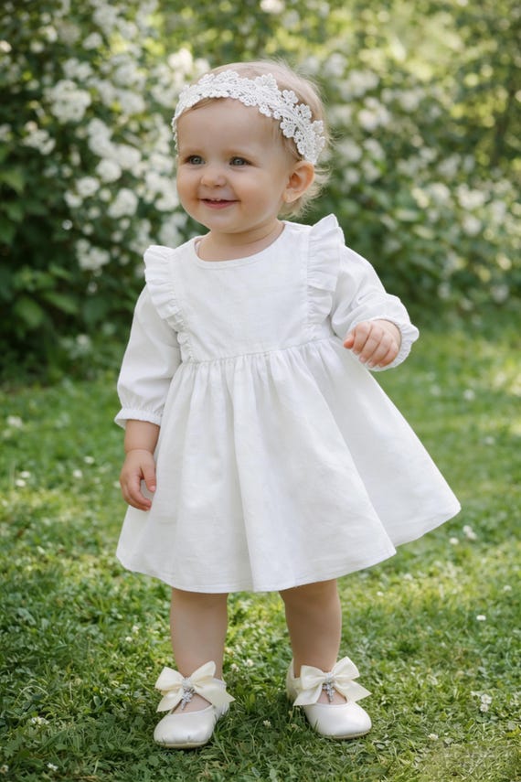 cotton christening dress Lace Christening Gown: White Cotton Baptism Dress, Flower Girl