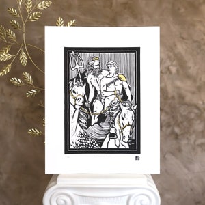 May include: Black and white woodcut print of two figures riding horses. The figures are wearing crowns and one is holding a trident. The print is framed in a black border and has a gold background.