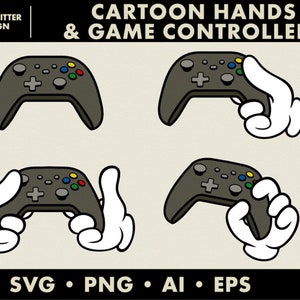 Könnte beinhalten: Illustration mit vier grauen Gamecontrollern, einige davon werden von Cartoon-Händen gehalten. Die Controller haben farbige Knöpfe und Richtungspads. Der Text "CARTOON HANDS & GAME CONTROLLERS" ist enthalten.