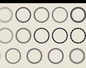May include: An image showcasing 20 different circle border designs in black and gray, with various patterns like rope, chain, and geometric shapes. The text at the top reads "20 CIRCLE BORDERS - VOL. 2". Below, file formats are listed: SVG, PNG, AI, EPS, and DXF.