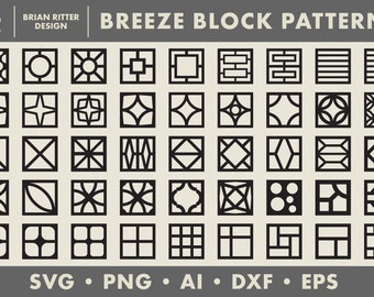 May include: A set of 36 black and white geometric patterns in a square format. The patterns are arranged in a grid of six rows and six columns. The patterns are all different and include a variety of shapes, lines, and dots. The title "BREEZE BLOCK PATTERNS" is at the top of the image. The text "SVG • PNG • AI • DXF • EPS" is at the bottom of the image.