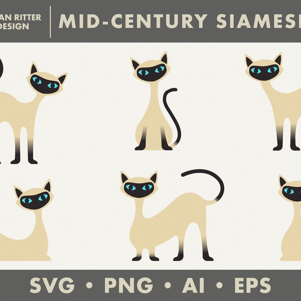 Mid-Century Siamese Cats | Graphic Objects | Elements | PNG | SVG | EPS | Digital Stickers | Printable Art