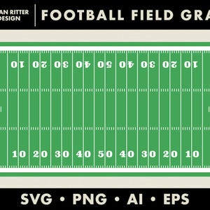 Op de afbeelding: Een groene en witte illustratie van een American footballveld met yardlijnen en nummers. Het veld is wit omlijnd en de nummers zijn wit.