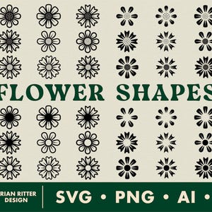 Pode incluir: Um conjunto de 100 formas de flores em preto e branco em vários estilos. As formas estão dispostas em filas e colunas sobre um fundo creme. O texto "FLOWER SHAPES" está em letras verdes na parte superior da imagem. O texto "SVG • PNG • AI • EPS" está em letras verdes na parte inferior da imagem.