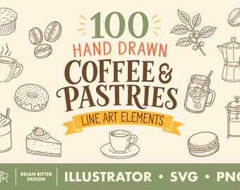 May include: A digital graphic set titled 100 HAND DRAWN COFFEE & PASTRIES LINE ART ELEMENTS featuring illustrations of coffee beans, a muffin, a donut, a slice of cake, a macaron, a moka pot, a French press, and various coffee cups in brown ink.