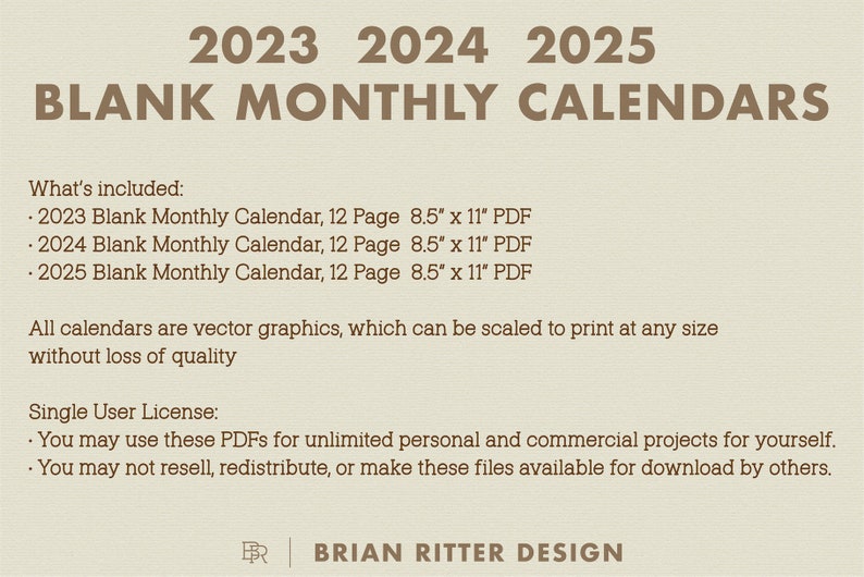 2023 2024 2025 Monthly Calendars Blank Calendar Printable PDF Goodnotes