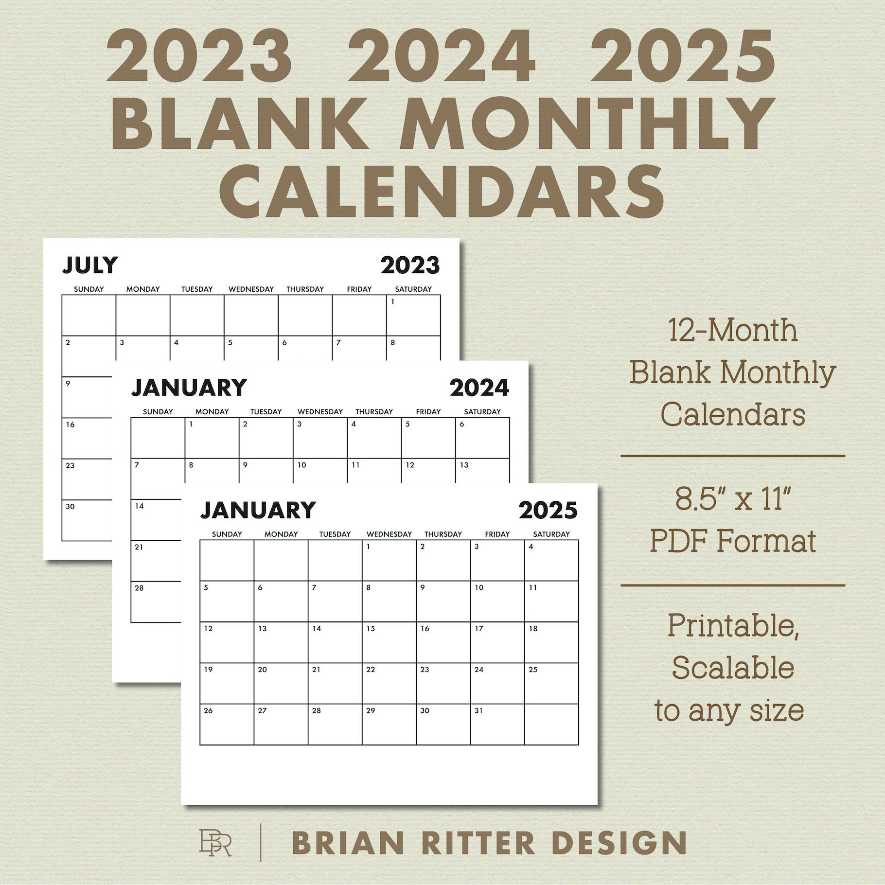 2023 2024 2025 Monthly Calendars Blank Calendar Printable PDF Goodnotes