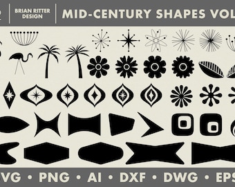 May include: A collection of black mid-century modern shapes, including stylized flowers, stars, and geometric forms. The image also features flamingo and palm tree silhouettes. Text at the top reads "MID-CENTURY SHAPES VOL. 2". File types include SVG, PNG, AI, DXF, DWG, and EPS.