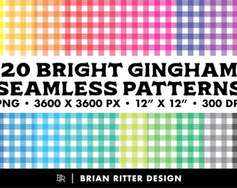 May include: A digital graphic featuring 20 bright gingham seamless patterns in various colors, including yellow, red, blue, and green. The image includes the text "20 BRIGHT GINGHAM SEAMLESS PATTERNS" and dimensions of 12" x 12".